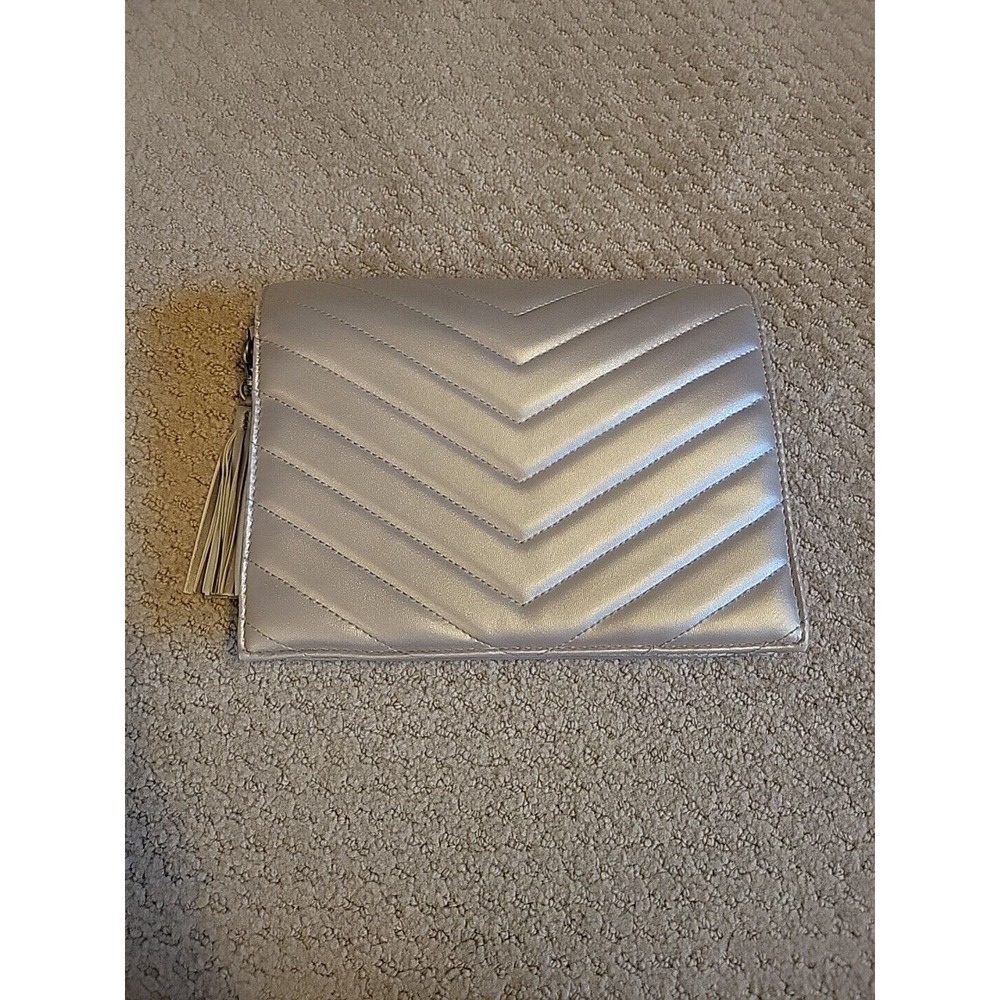 Neiman Marcus Bag Purse Silver Metallic Faux Leather Wristlet Clutch